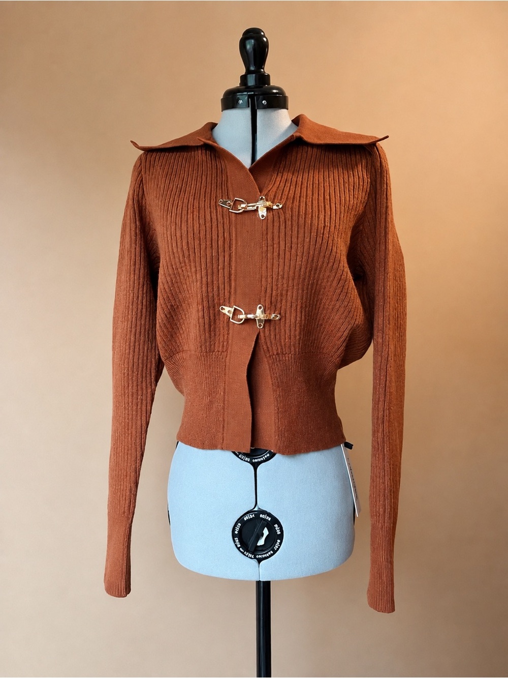 Commense Navy Ribbed Cardigan with Gold Clasps